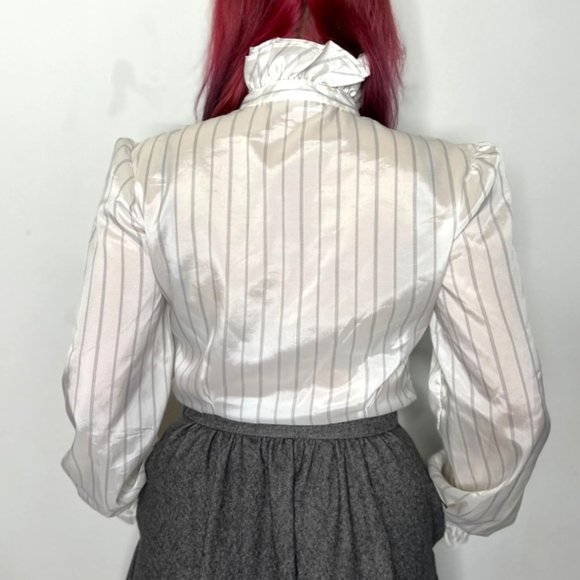 Vintage 80s High Collar Ruffle Blouse Size M Medium Striped Edwardian Gothic - Picture 3 of 8